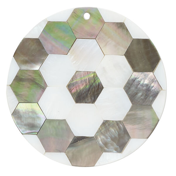 Focal, black lip shell / mother-of-pearl shell / resin (assembled) 1pkg1, 39-40mm top-drilled 1sided flat round with honeycomb pattern. image number 0