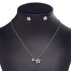 Necklace and earring set, glass rhinestone / rose gold finish steel / brass / "pewter" (zinc-based alloy), clear, 9x9mm and 14x14mm star, 18-inch necklace with 2-inch extender chain and lobster claw clasp, 12x12mm star earrings with post. Sold per set.