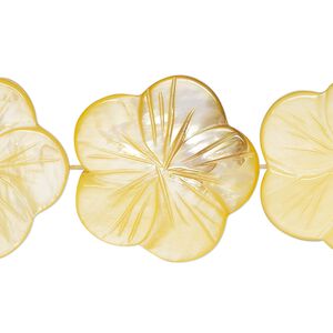 Mother-of-pearl shell 1pkg1, carved flat flower bead 15 inch pale yellow 24x23mm-26x25mm