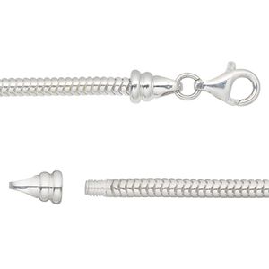 Chain, sterling silver, 3mm snake, 18 inches with lobster claw clasp and (2) 5mm end caps. Sold individually.