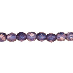 Bead 1pkg1 Czech fire-polished glass, 6mm faceted round, 1 mass translucent purple / gold