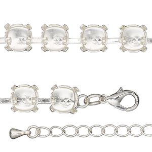 Necklace component, silver-finished brass and steel, 8mm wide cupchain with (34) SS39 settings, 16 inches with 3-inch extender chain and lobster claw clasp. Sold individually.