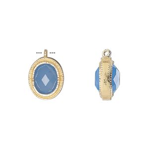 Drop, chalcedony (dyed) and gold-finished sterling silver, blue, 13x11mm double-sided faceted oval. Sold individually.