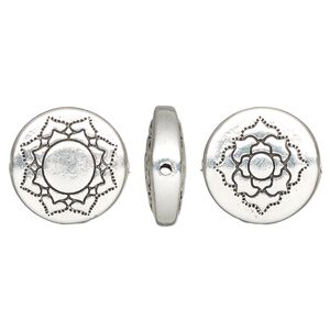 Bead, TierraCast&reg;, "Soulful Spirit" collection, antique silver-plated pewter (tin-based alloy), 14mm two-sided flat round with lotus design. Sold per pkg of 2.