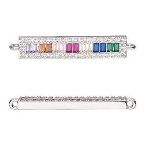Link, cubic zirconia and silver-finished brass, multicolored, 27.5x5.5mm single-sided flat bar. Sold individually.