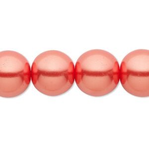 Bead, crystal pearl, orange-red, 14mm round. Sold per 15-1/2" to 16" strand, approximately 25 beads.