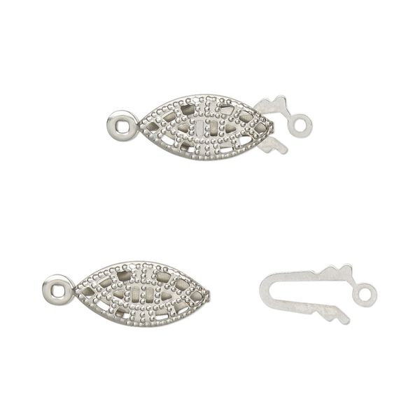 Clasp fishhook 1pkg10, 14x7mm filigree oval, stainless steel 1-strand image number 0