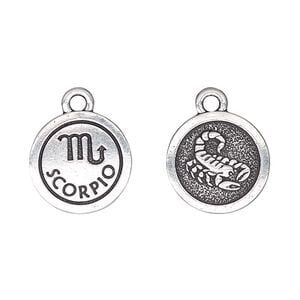 Charm, TierraCast&reg;, antique silver-plated pewter (tin-based alloy), 15mm two-sided flat round with Scorpio zodiac sign and symbol. Sold per pkg of 20.