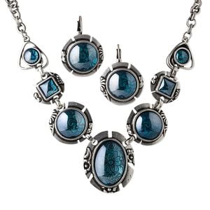 Necklace and earring set, glass with antique silver-plated steel and "pewter" (zinc-based alloy), teal and green, oval, 15" to 16" necklace with lobster claw clasp, 25mm earrings with round and leverback ear wire. Sold per set.