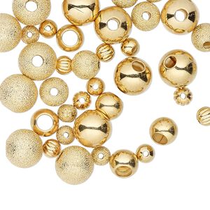 Bead mix 1pkg50 gold-plated, 4-8mm round smooth / corrugated / stardust, brass
