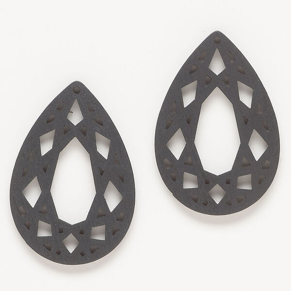 Focal 1pkg2, wood, black, 44x30mm top-drilled teardrop with cutout design. image number 0