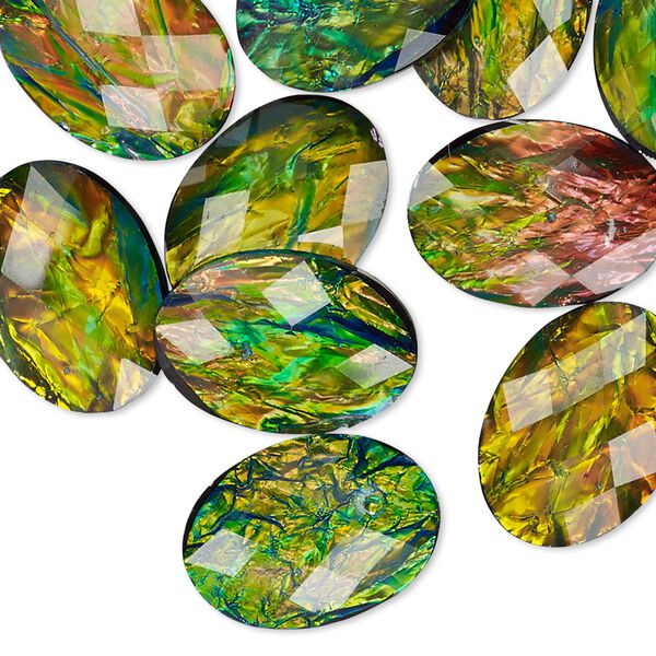 Cabochon, resin, opalescent black and multicolored, 18x13mm non-calibrated faceted oval. Sold per pkg of 20. image number 0