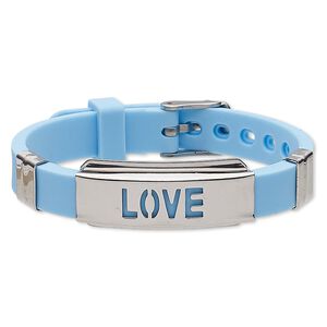 Bracelet, Softique&trade;, silicone and stainless steel, turquoise blue, 16mm wide with 39x16mm curved rectangle and cutout "LOVE," adjustable from 5-1/2 to 7-1/2 inches with buckle-style closure. Sold individually.