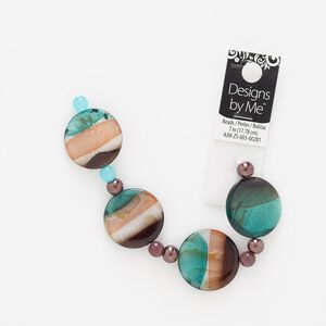 Bead, glass pearl and cat's eye glass, blue / pink / brown, 27-30mm flat round and 7mm round with 0.6mm hole. Sold per 7-inch strand.