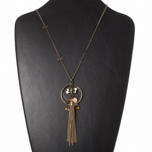 Necklace, mother-of-pearl shell (dyed) / glass / enamel / acrylic / brass / antique brass-plated "pewter" (zinc-based alloy) and steel 1pkg1, multicolored, 4-inch dangle with butterfly and circle, 28 inches with lobster claw clasp and 3-inch extender chain.