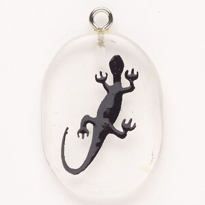 Focal, steel/glass/enamel, pkg/1, silver finish/clear/black, 30x24mm-39x27mm single-sided puffed freeform with salamander.