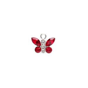 Charm, Preciosa Czech crystals and sterling silver, crystal clear and Siam, 12x8mm butterfly. Sold individually.