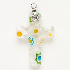 Focal 1pkg1 silver-finished steel and millefiori glass, translucent and transparent clear and multicolored, 33x23mm-35x24mm cross.