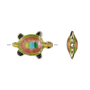 Bead 1pkg4 gold-finished, 20x13mm turtle, copper / enamel / multicolored
