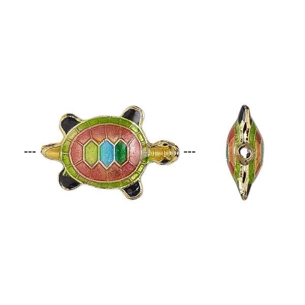 Bead 1pkg4 gold-finished, 20x13mm turtle, copper / enamel / multicolored image number 0