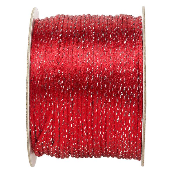 Cord, Satinique&trade;, satin, red and metallic silver, 2mm. Sold per 432-foot spool. image number 0