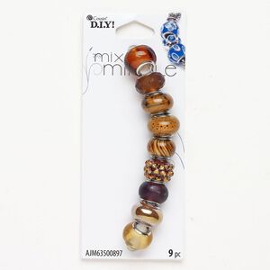 Bead mix 1pkg9 silver-finished, 14x10mm-15x11mm rondelle, brass / glass / matte