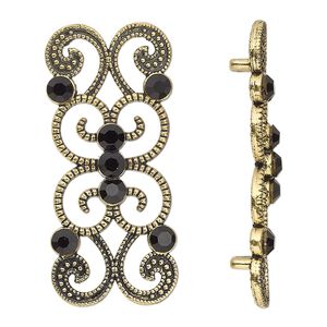 Spacer, antiqued gold-finished "pewter" (zinc-based alloy) and Czech glass rhinestone, black, 37x16mm 2-strand fancy rectangle. Sold per pkg of 4.