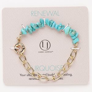 Bracelet, steel / brass / howlite (dyed), pkg/1, 6 inches with springring clasp, gold finish and turquoise blue.