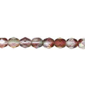Bead, Czech fire-polished glass, translucent to transparent pink and green luster, 6mm faceted round. Sold per pkg of 1,200 (1 mass).