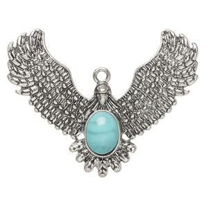 Focal, "turquoise" (resin) (imitation) and antiqued "pewter" (zinc-based alloy), blue, 45x36mm single-sided eagle with slightly curved wings. Sold individually.