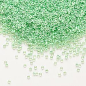 Seed bead, Miyuki, glass, pkg/35g, #15 rocaille, opaque inside dyed color luster mint green alabaster base (RR-520).