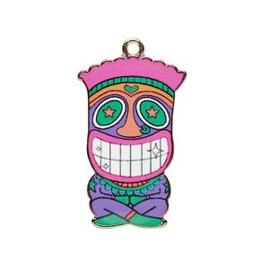 Focal, resin and gold-finished "pewter" (zinc-based alloy), pink / green / purple, 31x19.5mm single-sided tiki. Sold individually.