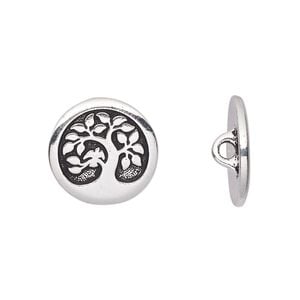 Button, TierraCast&reg;, antique silver-plated pewter (tin-based alloy), 16mm flat round with bird in a tree and loop. Sold per pkg of 20.