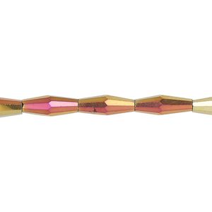 Bead, glass, crystal rose gold, 12x4mm long bicone. Sold per 15-1/2 to 16-inch strand.