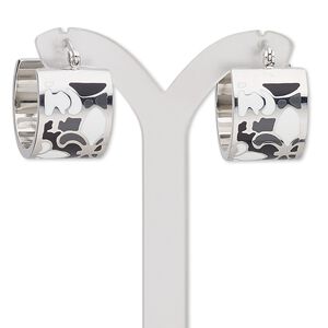 Earring, Avant-Garde Jewelry Collection, enamel and stainless steel, black and white, 22mm 3/4 round hoop with fleur-de-lis design and latch-back closure. Sold per pair.