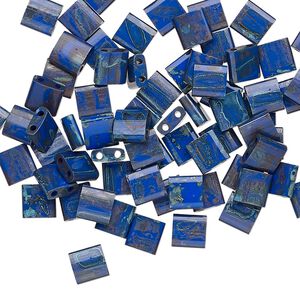 Seed bead, TILA&reg;, glass, pkg/40g, 5mm full tila square, opaque Picasso cobalt blue, (TL-4518).