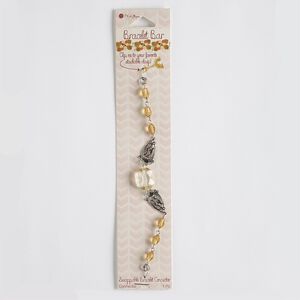 Bracelet component, acrylic / silver-finished steel / antique silver-finished "pewter" (zinc-based alloy), light orange and light yellow, 15mm wide, 5-1/2 inches. Sold individually.