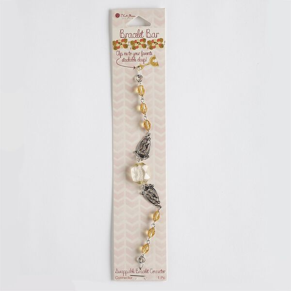 Bracelet component, acrylic / silver-finished steel / antique silver-finished "pewter" (zinc-based alloy), light orange and light yellow, 15mm wide, 5-1/2 inches. Sold individually. image number 0
