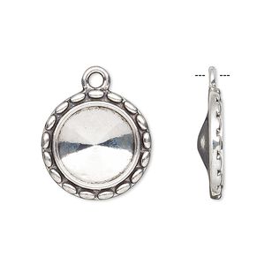 Drop, Almost Instant Jewelry&reg;, antique silver-finished "pewter" (zinc-based alloy), 17mm round with scalloped design and 12mm rivoli setting. Sold per pkg of 6.