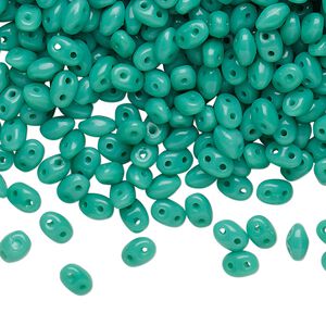 Bead, Preciosa Twin&trade;, Pressed Twin, Czech pressed glass, turquoise green, 5x2.5mm oval with 2 holes. Sold per 10-gram pkg.