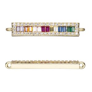 Link, cubic zirconia and gold-finished brass, multicolored, 27.5x5.5mm single-sided flat bar. Sold individually.