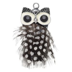 Focal, feather (natural) / acrylic rhinestone / enamel / antique silver-finished steel / "pewter" (zinc-based alloy), white and black, 52x29mm owl. Sold individually.
