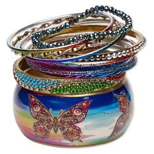Bracelet, bangle, enamel / glass / glass rhinestone / resin / gold-finished steel / aluminum / brass, assorted colors with glitter, 2.5-37mm wide, 7-8mm inches. Sold per 12-piece set.