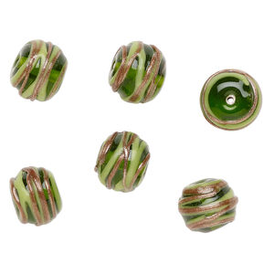 Bead, lampworked glass 1pkg6, translucent olive green / opaque light green / copper-colored glitter, 15x12mm rondelle with swirl.