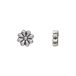 Bead 1pkg50 silver-plated "pewter", 9mm flat flower / 2sided, antique