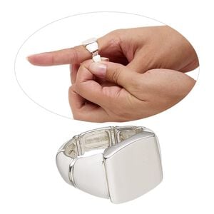 Ring, stretch, enamel and silver-finished "pewter" (zinc-based alloy), white, 15.5mm wide with 16x5.5mm rectangle setting, size 8-1/2. Sold individually.