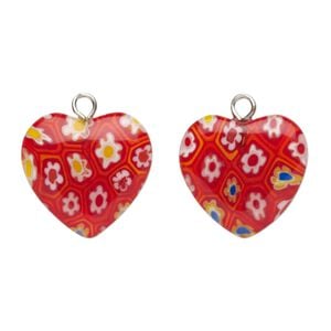 Drop, millefiori glass and silver-plated steel, white / blue / yellow, 17mm heart. Sold per pkg of 10.