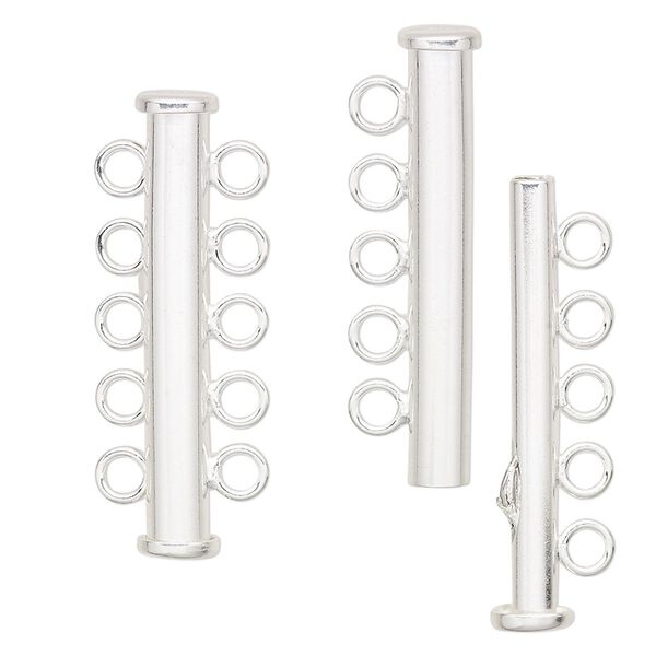 Clasp slide lock 1pkg1 sterling silver, 31x6mm tube, 5-strand image number 0