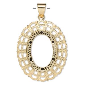 Pendant, gold-plated "pewter" (zinc-based alloy), 38x32mm fancy oval with 25x18mm oval setting. Sold per pkg of 4.