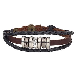 Bracelet, leather (dyed) / glass rhinestone / polyurethane / silver-coated acrylic / antique brass-plated steel / gunmetal- / silver-plated "pewter" (zinc-based alloy), black / brown / clear, 21mm wide, adjustable at 6 and 7 inches with snap closure. Sold individually.